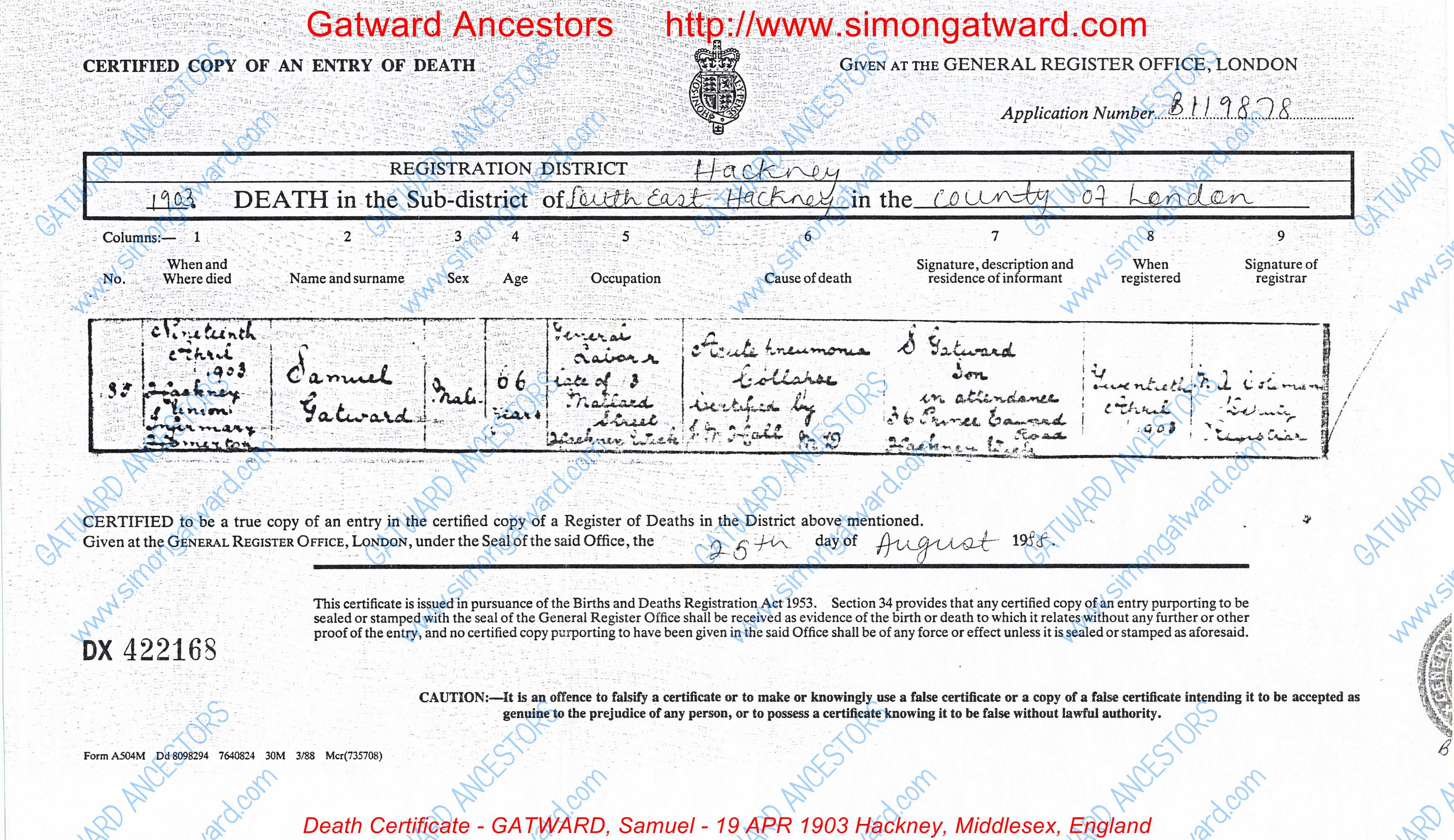 Death Certificate GATWARD Samuel 19 APR 1903 Hackney Middlesex